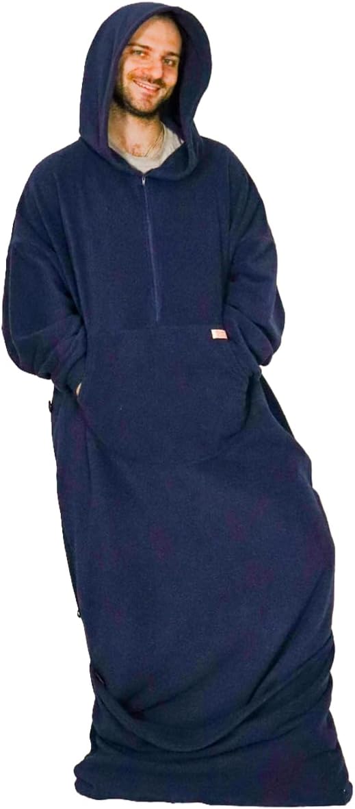 Cozy Cocoon Wearable Blanket Hoodie – Zip-Up Sherpa Fleece with Foot Pocket