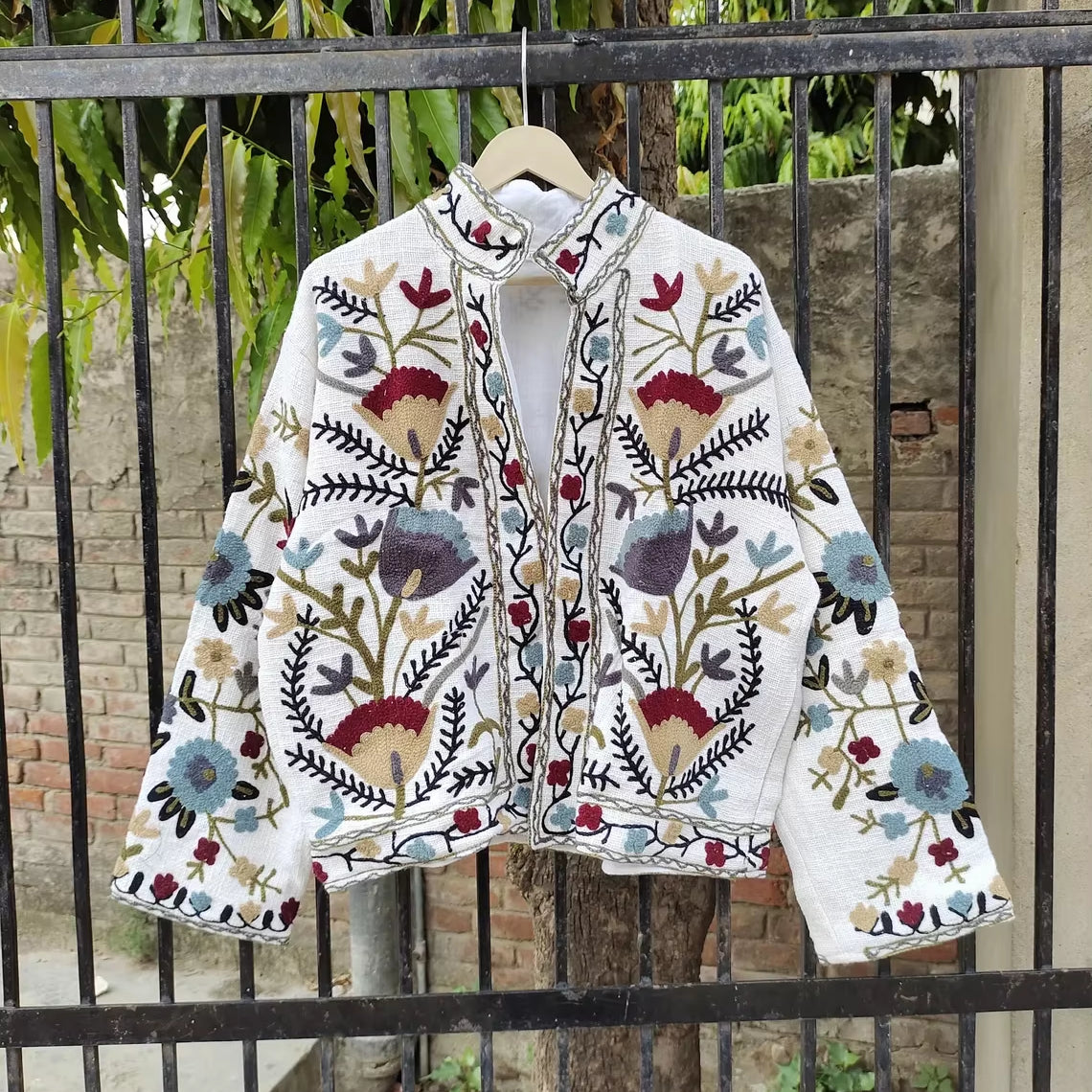 Hand Embroidered Crewel Jacket — Artisan Botanical Statement Coat