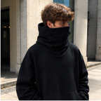 Large hoodie covers lower face