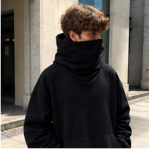 Large hoodie covers lower face