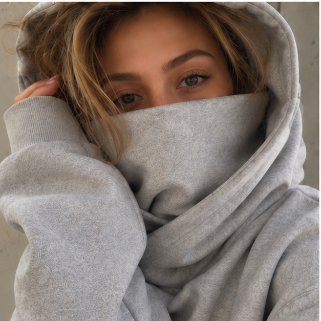Large hoodie covers lower face
