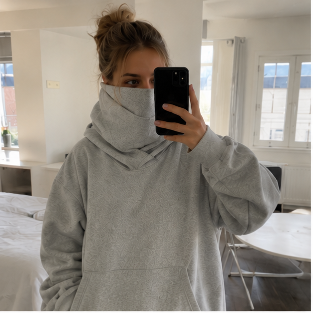 Large hoodie covers lower face
