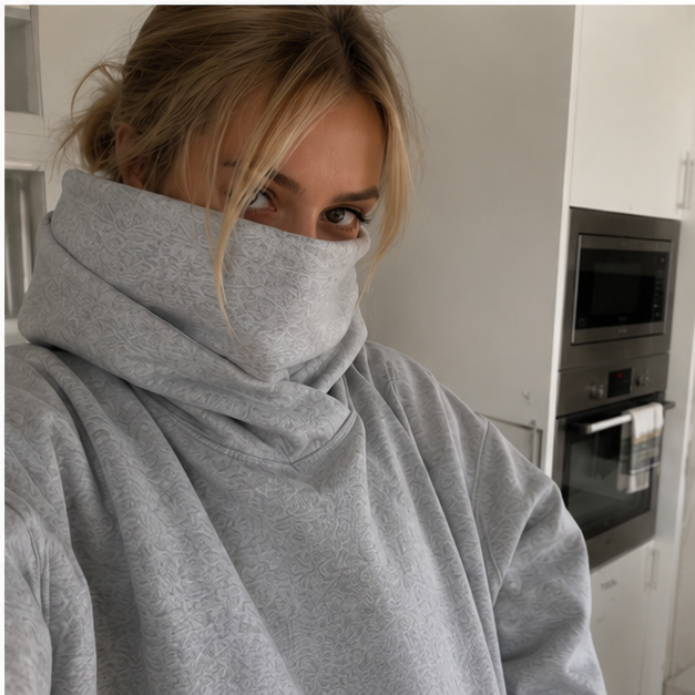 Large hoodie covers lower face