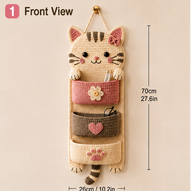 Cute Crochet Cat Wall Organizer Hanging Pocket Storage