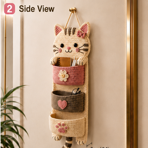 Cute Crochet Cat Wall Organizer Hanging Pocket Storage