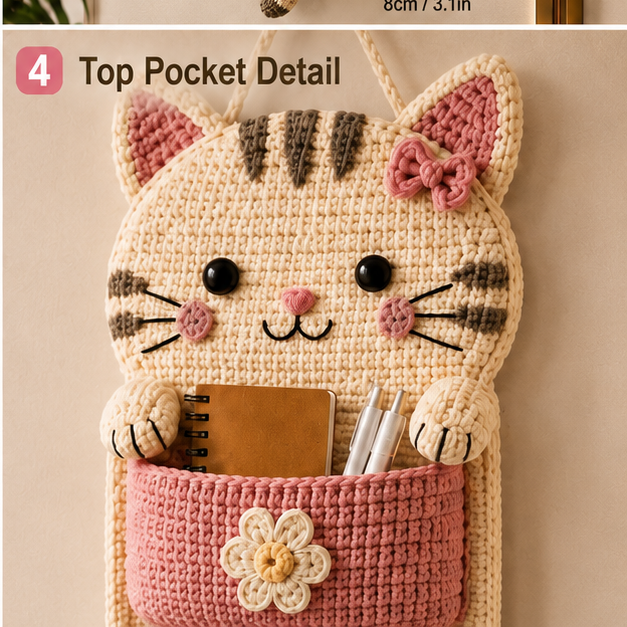 Cute Crochet Cat Wall Organizer Hanging Pocket Storage