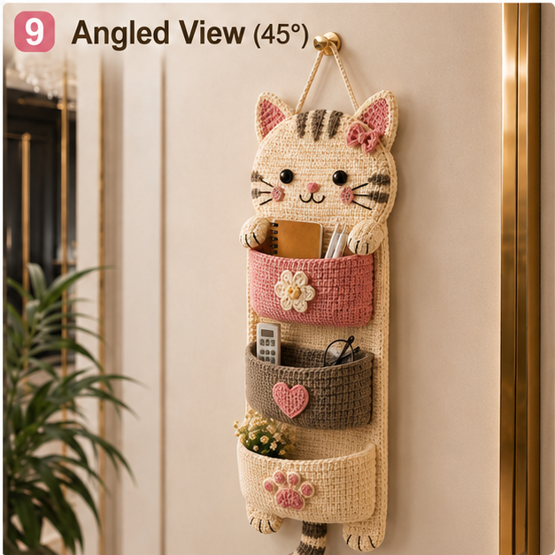 Cute Crochet Cat Wall Organizer Hanging Pocket Storage