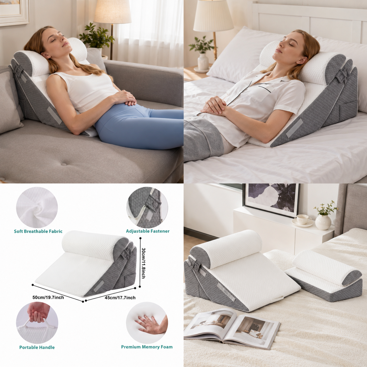 Adjustable Orthopedic Wedge Pillow Set (3PCS) – Memory Foam Support for Back Pain, Acid Reflux & Recovery