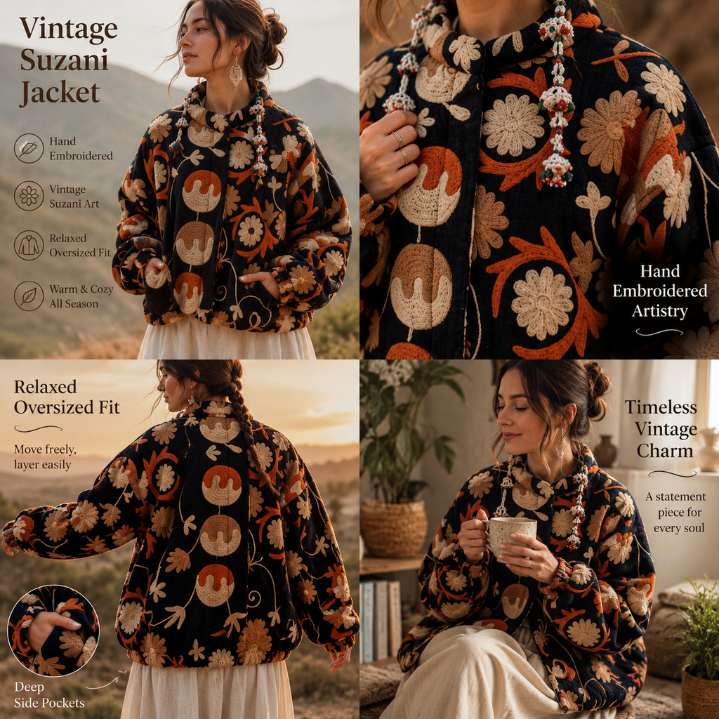 Hand Embroidered Crewel Jacket — Artisan Botanical Statement Coat