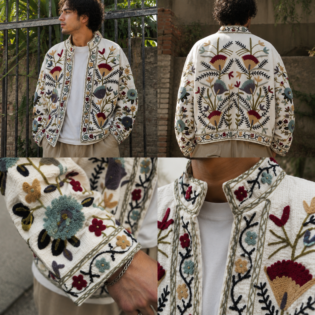 Hand Embroidered Crewel Jacket — Artisan Botanical Statement Coat