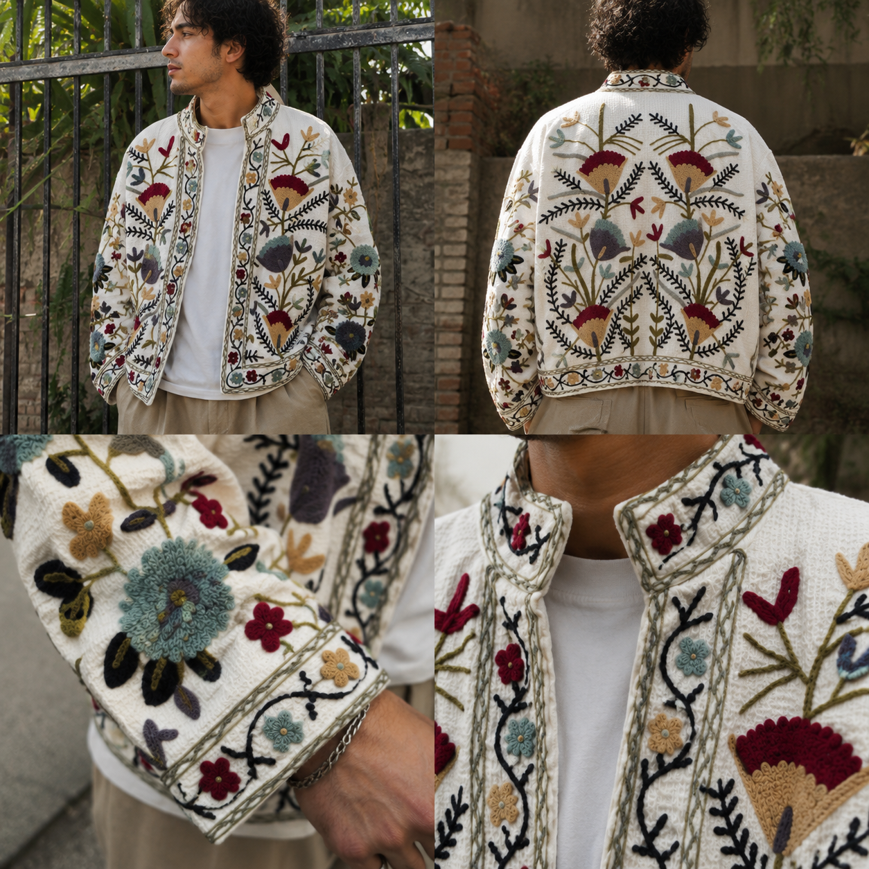 Hand Embroidered Crewel Jacket — Artisan Botanical Statement Coat