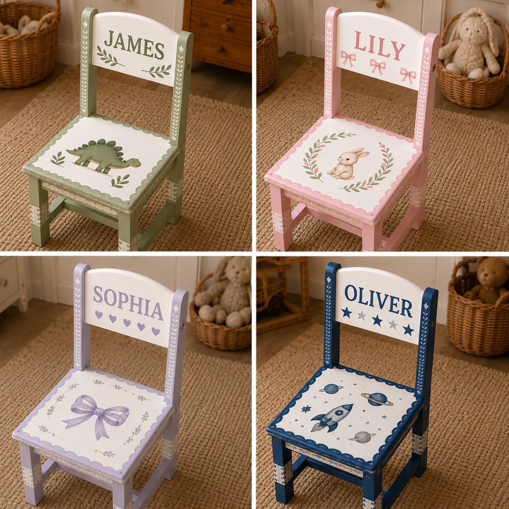Personalised Wooden Kids Chair – Custom Name Design – 5 Cute Styles Available (Pre-Order)