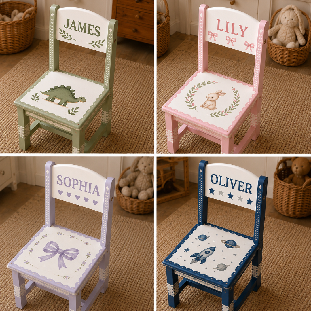 Personalised Wooden Kids Chair – Custom Name Design – 5 Cute Styles Available (Pre-Order)