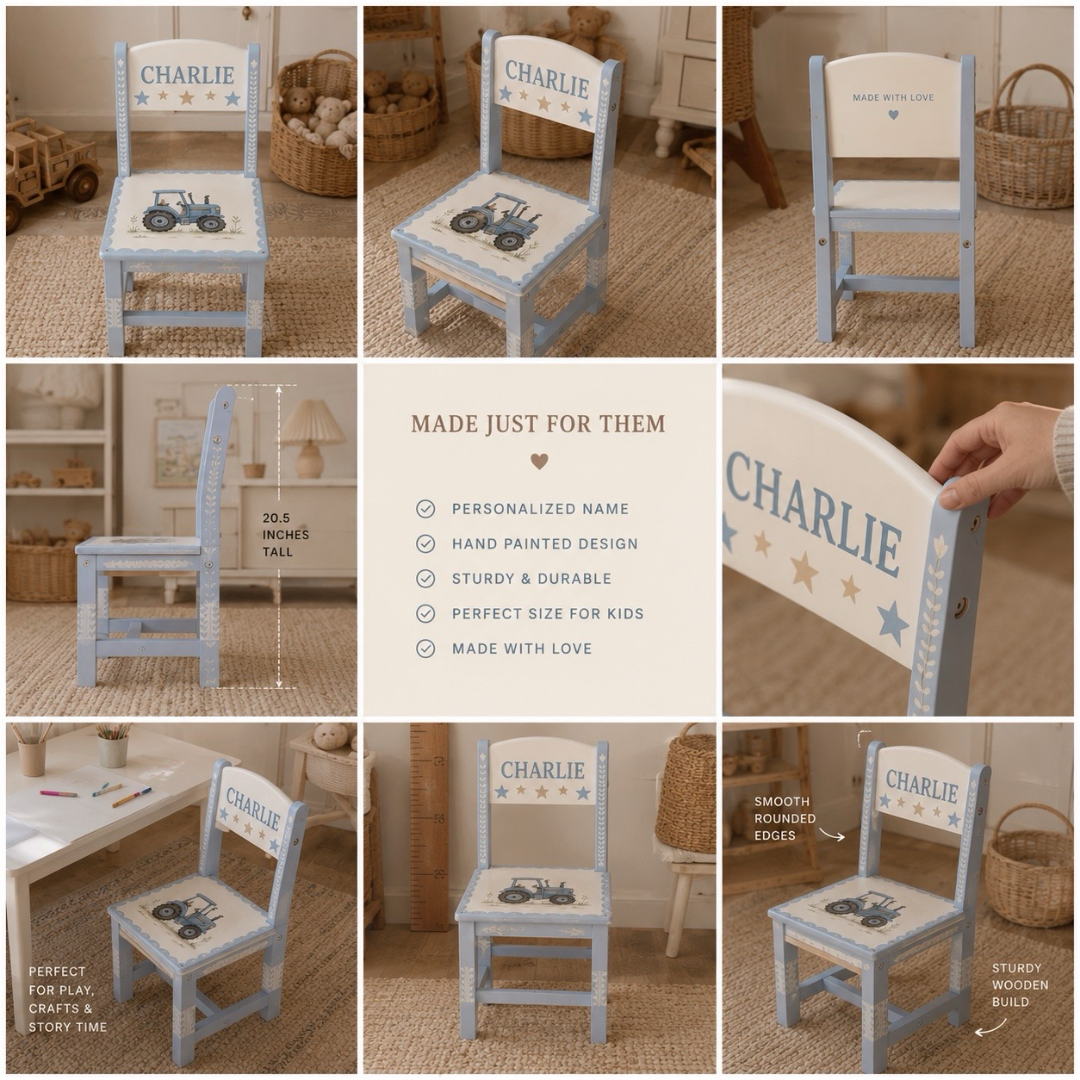 Personalised Wooden Kids Chair – Custom Name Design – 5 Cute Styles Available (Pre-Order)