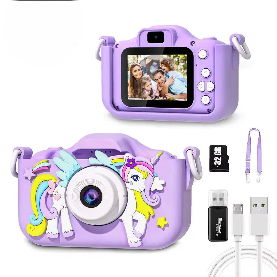 Kids Mini Camera Cartoon Unicorn – 1080P HD, 2-Inch Screen, Purple Silicone Case, Includes 32GB SD Card Grab3