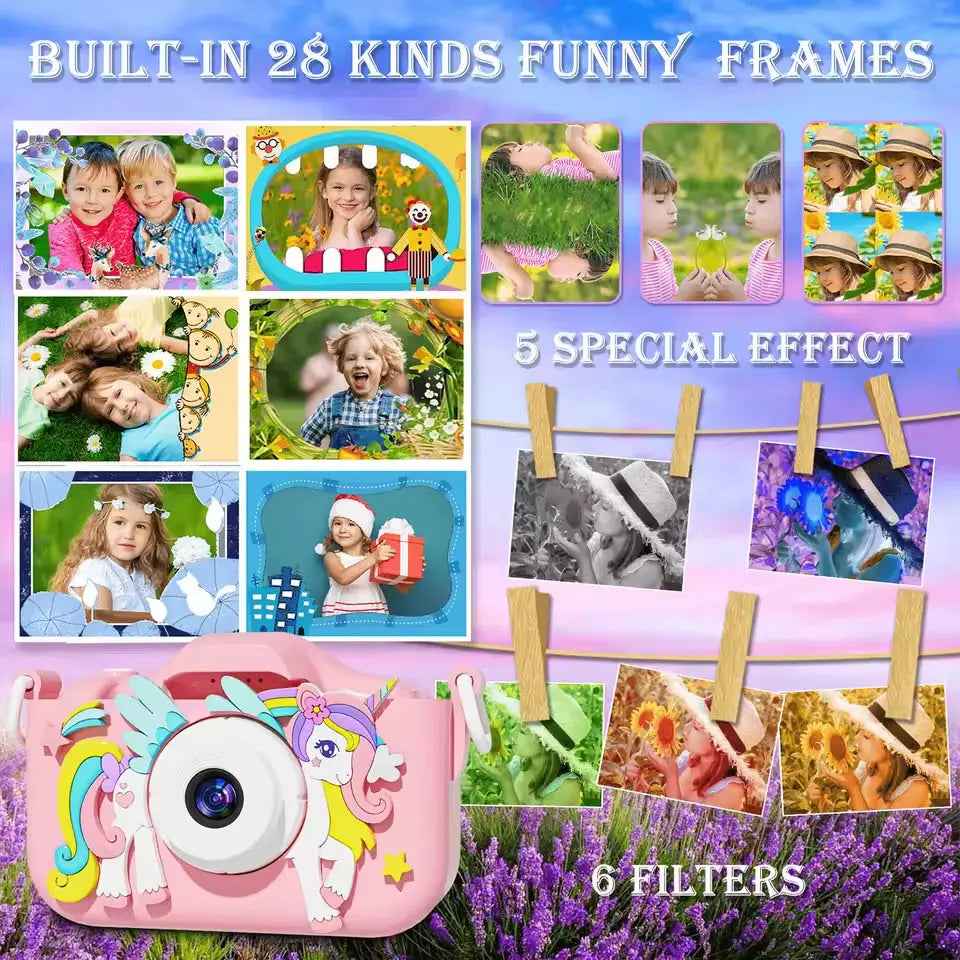 Kids Mini Camera Cartoon Unicorn – 1080P HD, 2-Inch Screen, Purple Silicone Case, Includes 32GB SD Card Grab3