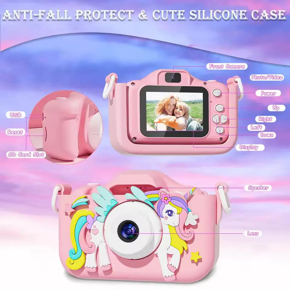 Kids Mini Camera Cartoon Unicorn – 1080P HD, 2-Inch Screen, Purple Silicone Case, Includes 32GB SD Card Grab3