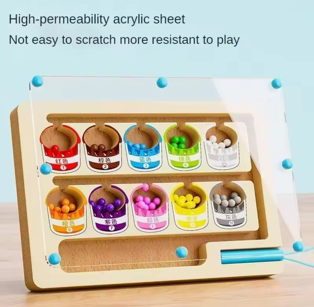 Magnetic Color & Number Maze – Montessori Wooden Paint Bucket Sorting Puzzle