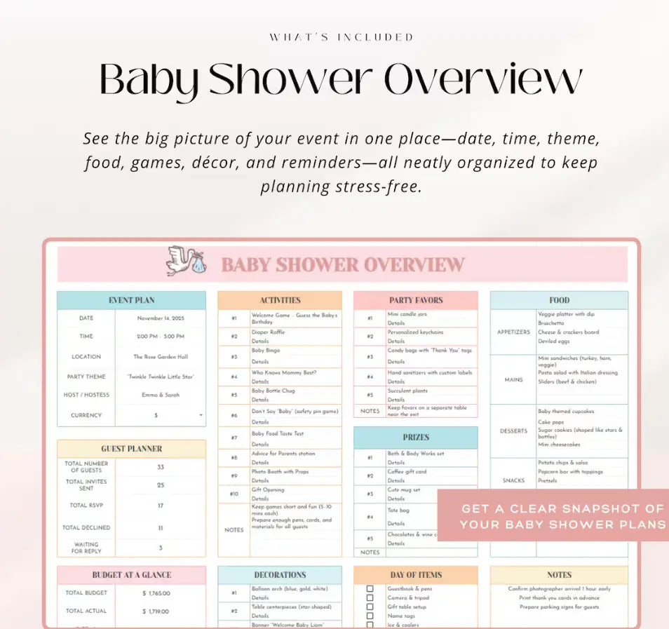 Digital Baby Shower Planner Google Sheet | Complete Event Planning Organizer Grab3