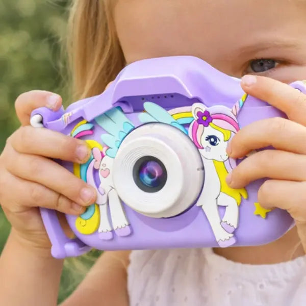 Kids Mini Camera Cartoon Unicorn – 1080P HD, 2-Inch Screen, Purple Silicone Case, Includes 32GB SD Card Grab3