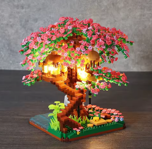 Sakura Cherry Blossom LED Treehouse – 3D Micro Block Night-Glow Model | Relaxing DIY Decor Gift