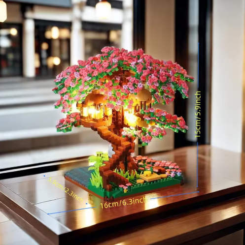 Sakura Cherry Blossom LED Treehouse – 3D Micro Block Night-Glow Model | Relaxing DIY Decor Gift