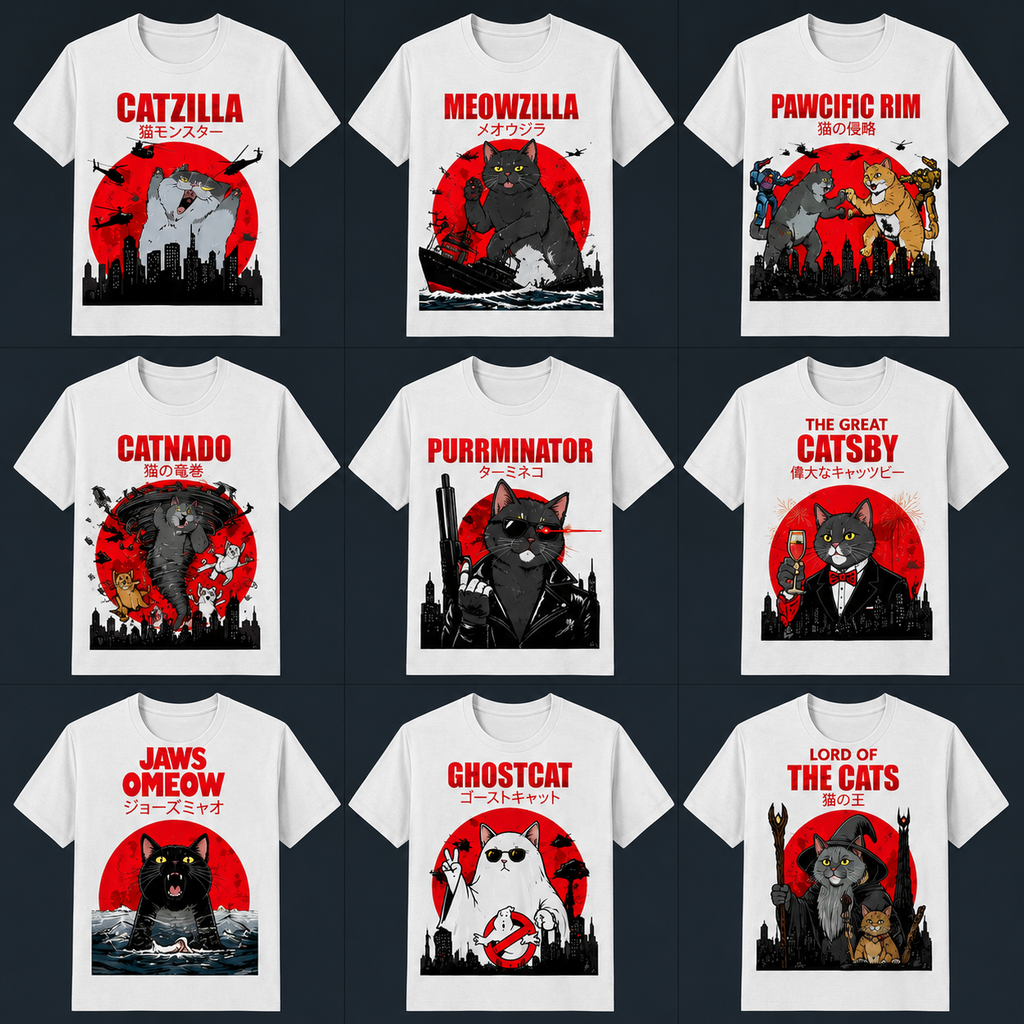 Japanese Streetwear Cat T-Shirt – Movie Parody Graphic Tees