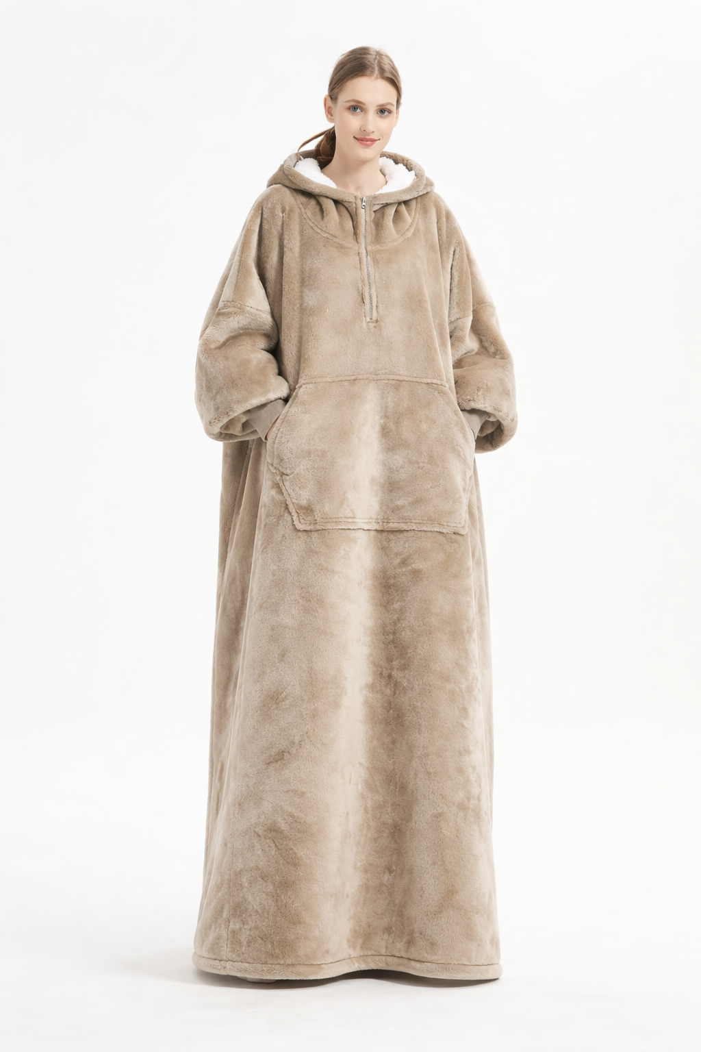 Extra-Long Oversized Fleece Hoodie Blanket – Full Length to Ankles Warm Sherpa Wearable Blanket