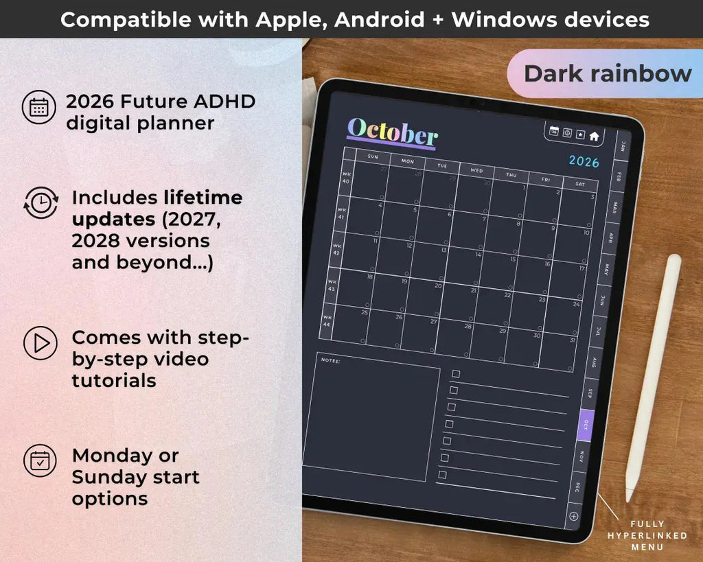 2026 ADHD Digital Planner (Dark Rainbow) | Self-Care & Productivity for iPad & Android Grab3