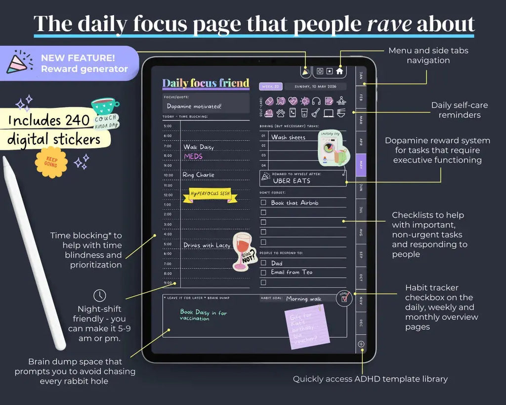 2026 ADHD Digital Planner (Dark Rainbow) | Self-Care & Productivity for iPad & Android Grab3