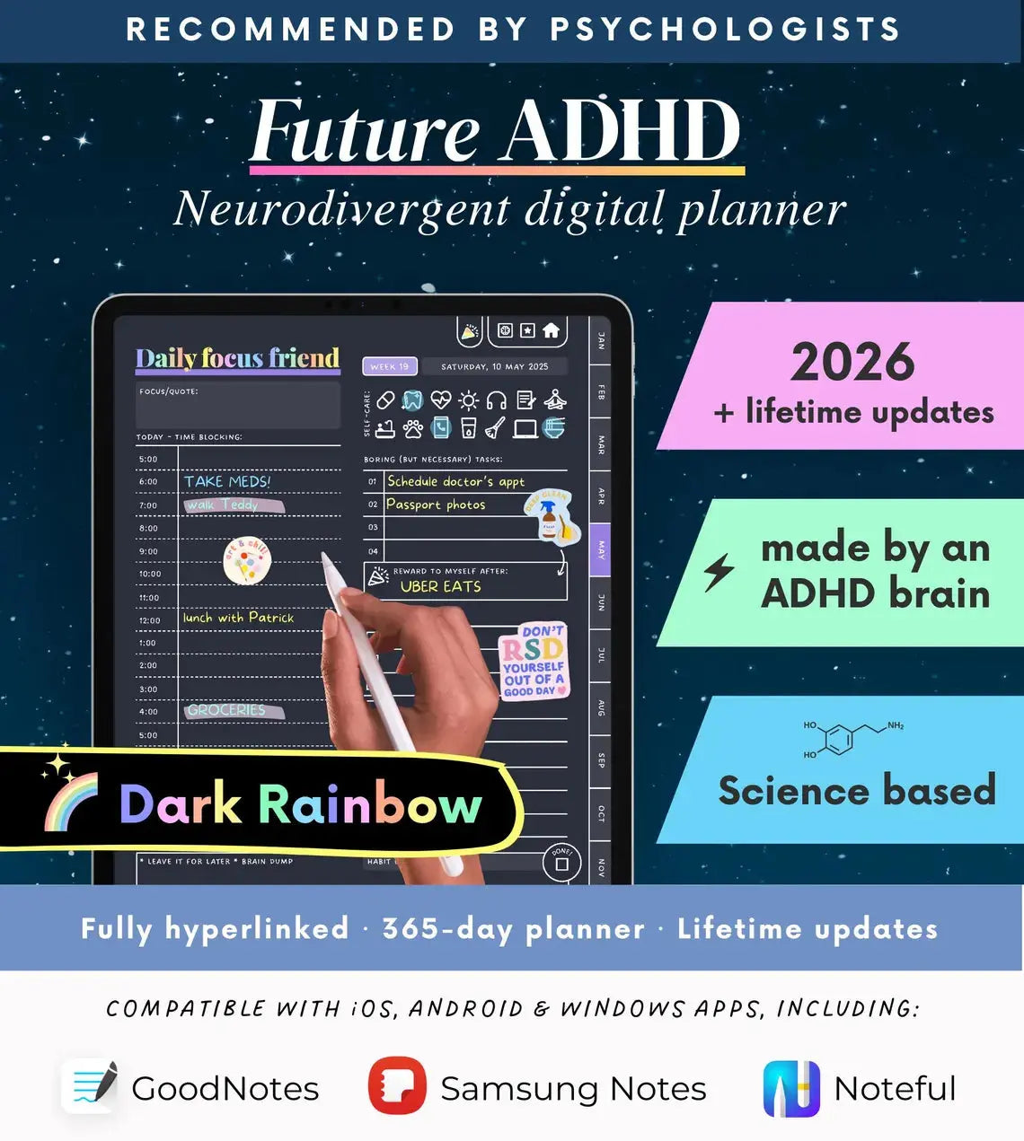 2026 ADHD Digital Planner (Dark Rainbow) | Self-Care & Productivity for iPad & Android Grab3