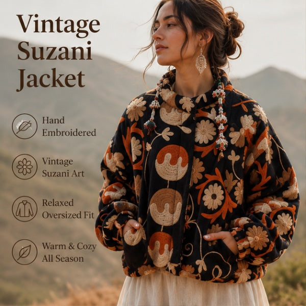Hand Embroidered Crewel Jacket — Artisan Botanical Statement Coat