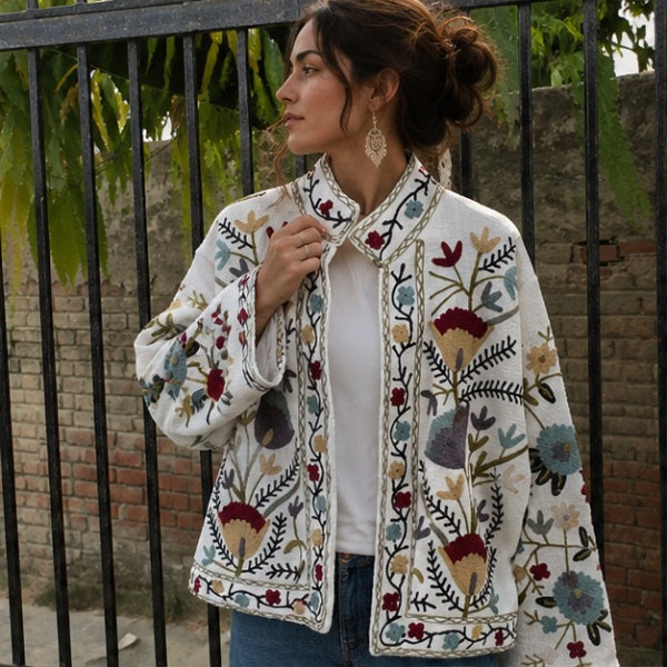 Hand Embroidered Crewel Jacket — Artisan Botanical Statement Coat