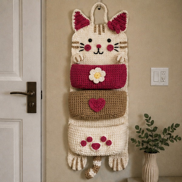 Cute Crochet Cat Wall Organizer Hanging Pocket Storage Knitted - RED