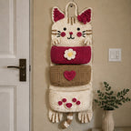 Cute Crochet Cat Wall Organizer Hanging Pocket Storage Knitted - RED