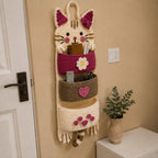 Cute Crochet Cat Wall Organizer Hanging Pocket Storage Knitted - RED