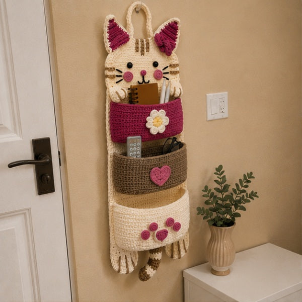 Cute Crochet Cat Wall Organizer Hanging Pocket Storage Knitted - RED