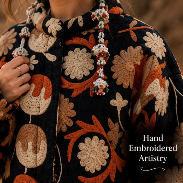 Hand Embroidered Crewel Jacket — Artisan Botanical Statement Coat