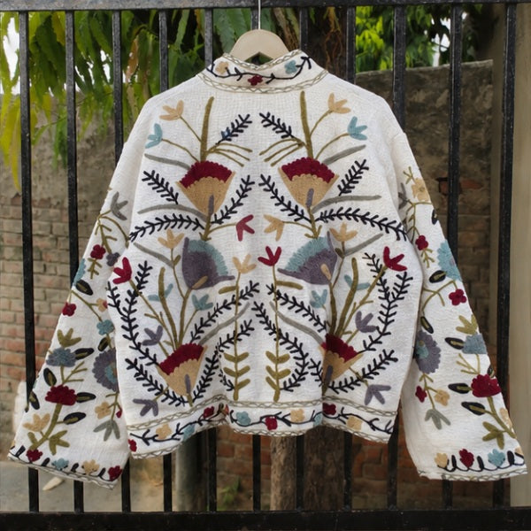 Hand Embroidered Crewel Jacket — Artisan Botanical Statement Coat