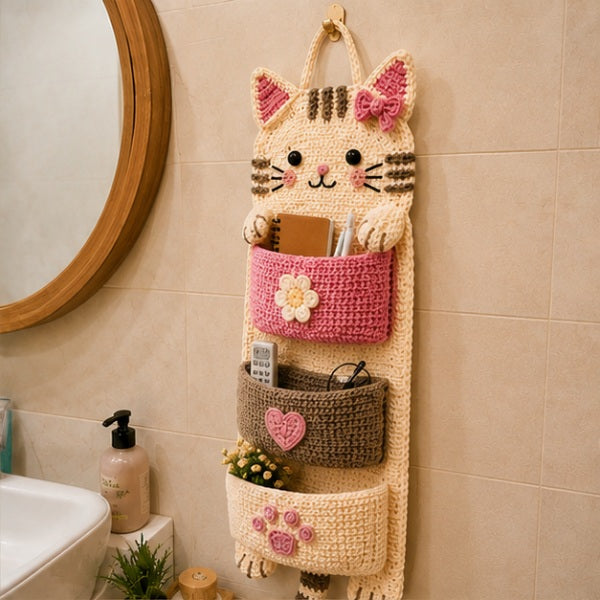 Cute Crochet Cat Wall Organizer Hanging Pocket Storage Knitted