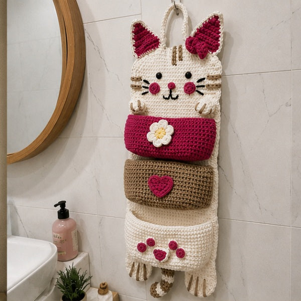 Cute Crochet Cat Wall Organizer Hanging Pocket Storage Knitted - RED