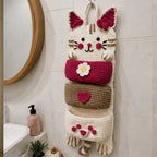 Cute Crochet Cat Wall Organizer Hanging Pocket Storage Knitted - RED