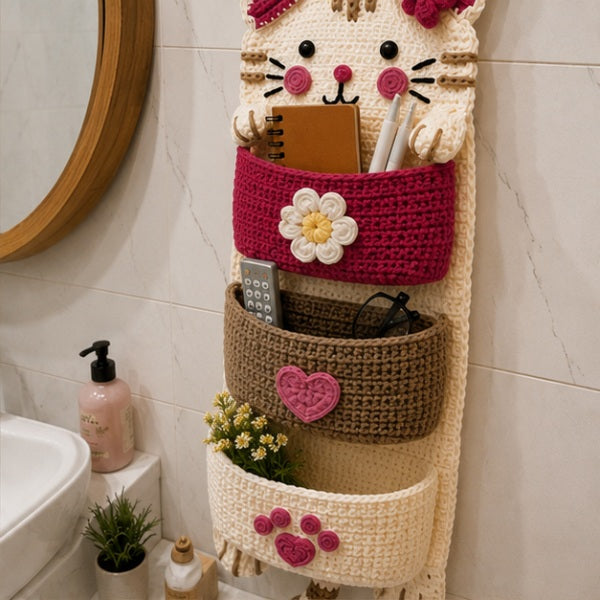 Cute Crochet Cat Wall Organizer Hanging Pocket Storage Knitted - RED