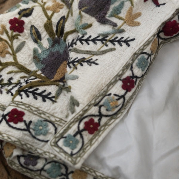 Hand Embroidered Crewel Jacket — Artisan Botanical Statement Coat