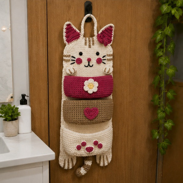 Cute Crochet Cat Wall Organizer Hanging Pocket Storage Knitted - RED