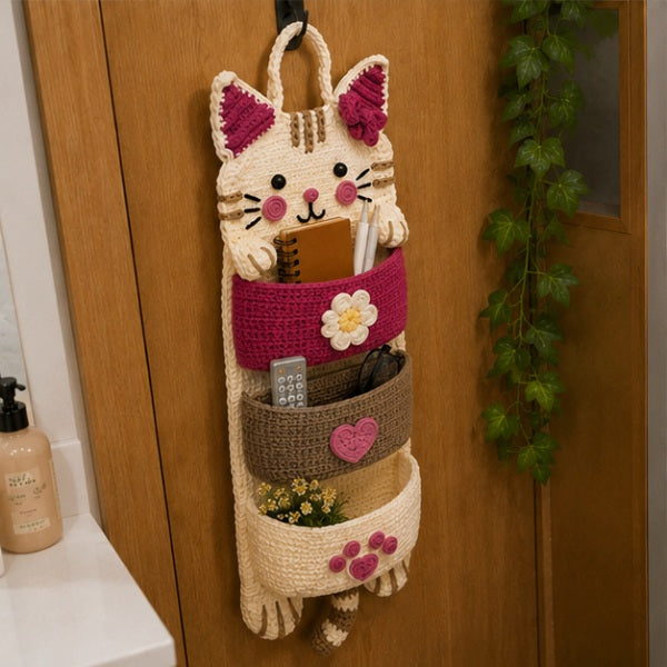 Cute Crochet Cat Wall Organizer Hanging Pocket Storage Knitted - RED