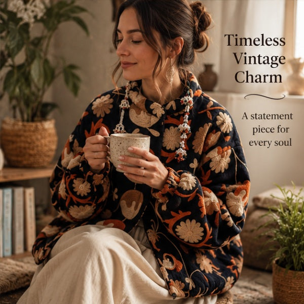 Hand Embroidered Crewel Jacket — Artisan Botanical Statement Coat