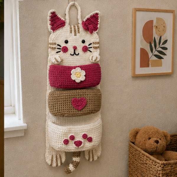 Cute Crochet Cat Wall Organizer Hanging Pocket Storage Knitted - RED