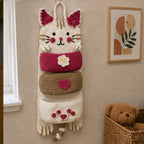 Cute Crochet Cat Wall Organizer Hanging Pocket Storage Knitted - RED