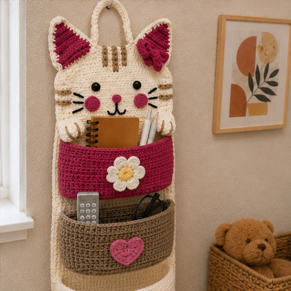 Cute Crochet Cat Wall Organizer Hanging Pocket Storage Knitted - RED
